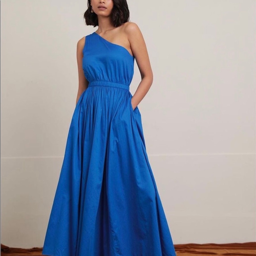 One-Shoulder Bright Blue Maxi Dress with Elastic Waist